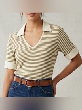 VTG Linda Allard Ellen Tracy Striped Polo Shirt V-Neck Knit Top Sz 10
